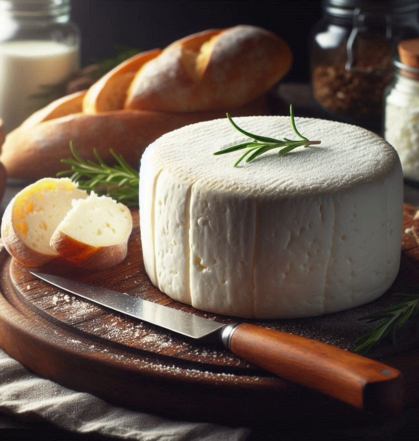 Queso fresco Kordoba sobre tabla de madera con cuchillo artesanal y pan rústico.