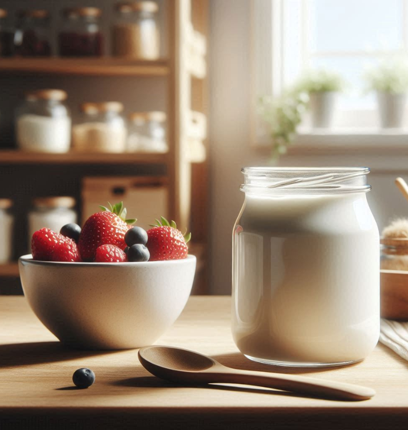 Yogurt artesanal Kordoba en frasco de vidrio con frutas frescas