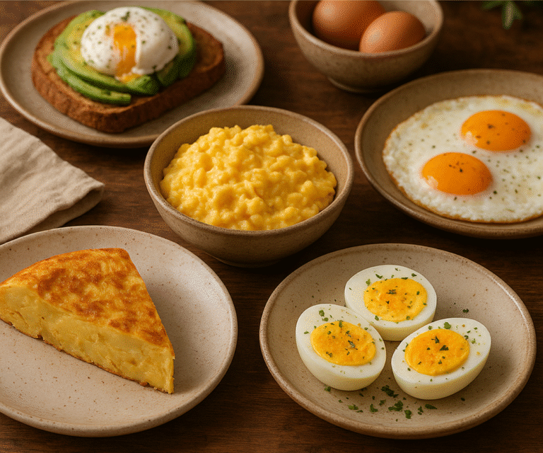 cinco platos variados preparados con huevos frescos Kordoba en una mesa rústica de madera