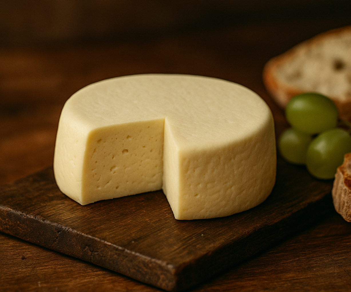 queso artesanal Kordoba entero sobre una tabla rústica de madera oscura