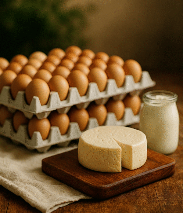 Combo familiar Kordoba con huevos frescos, queso artesanal y yogurt sobre mesa rústica.